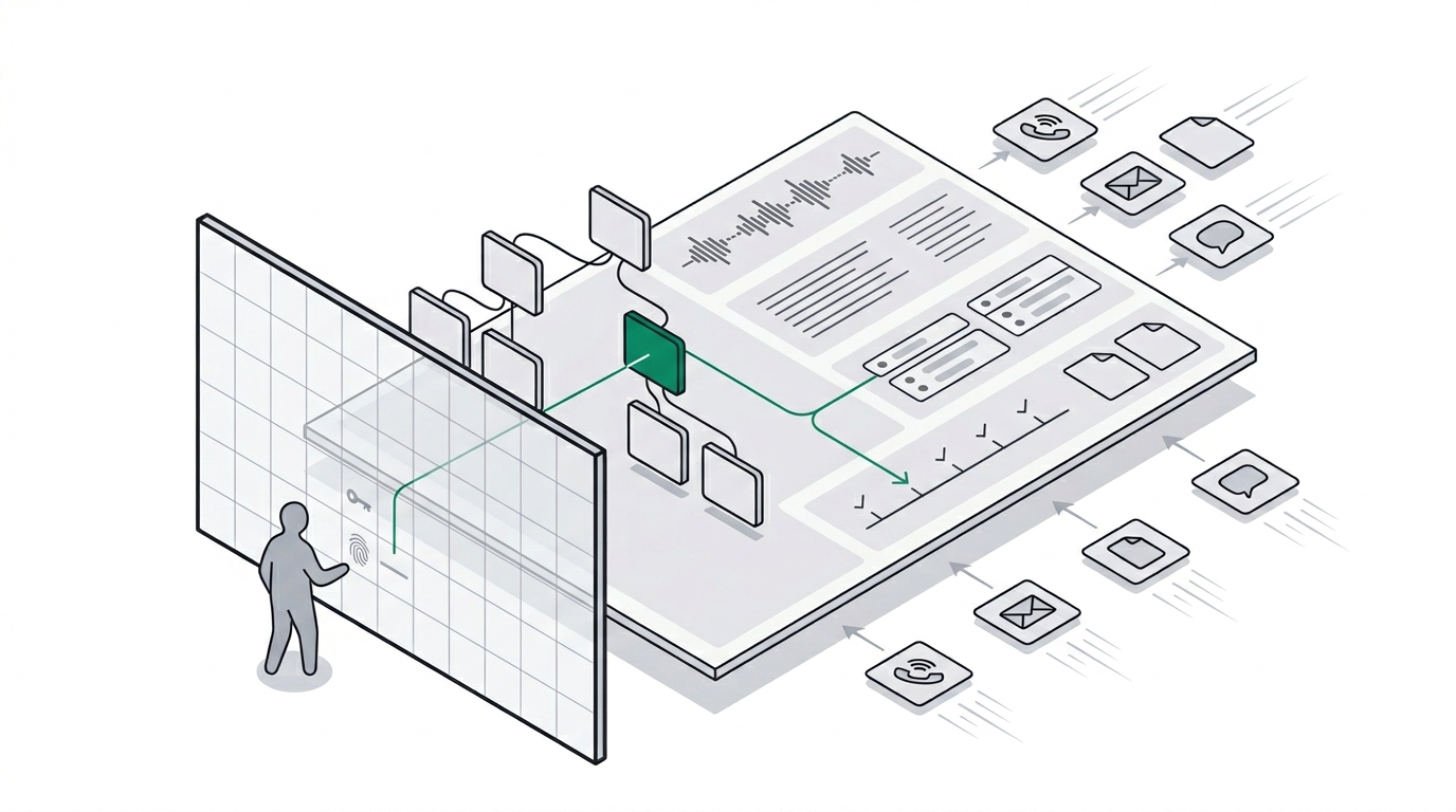 The operating layer — Cortex Guard in front, Company Cortex behind it, Company Memory at the back, fed by calls, emails, and documents